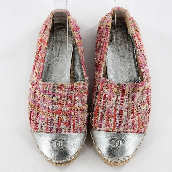 CHANEL Tweed Silver Cap Toe Espadrille Flats - Picture 3 of 12